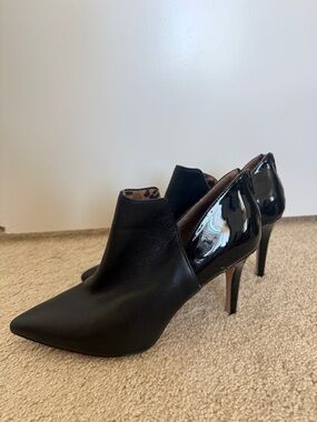 Enzo Angiolini Black Pointed Leather & Patent High Heel Booties